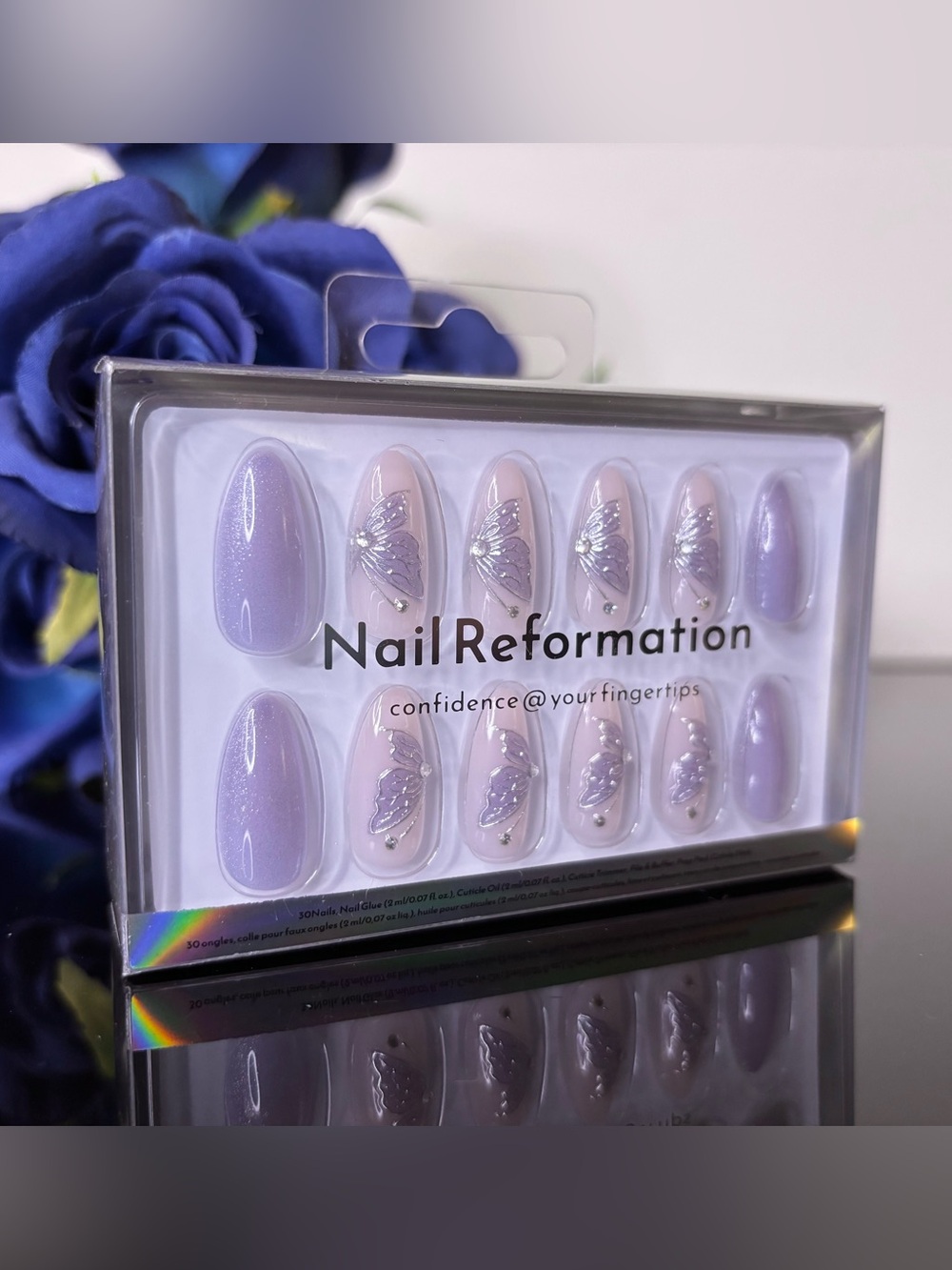 NWT Nail Reformation Lavender Butterfly Press-On Nails - Medium Almond